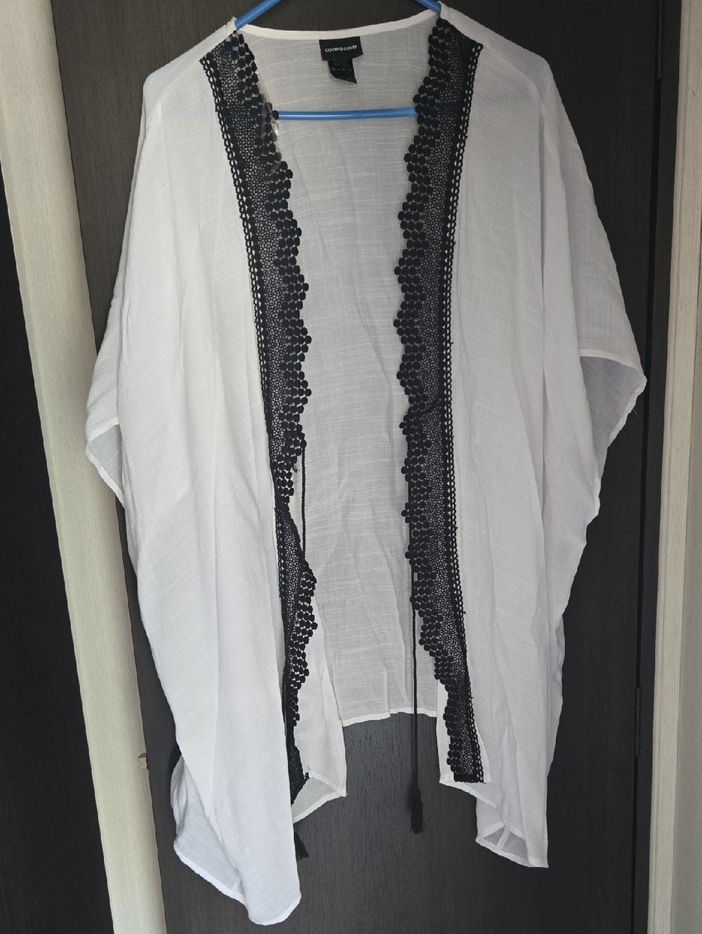 White Open-Front Kimono with Black Crochet Trim
